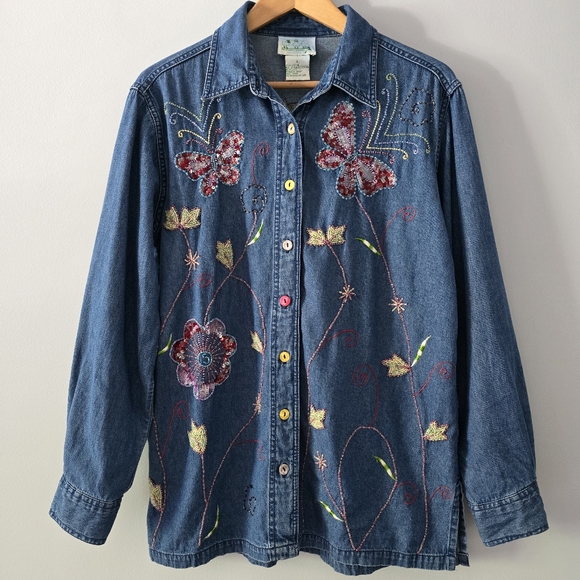 Quacker Factory Denim Sequin Button-down Shirt Size S - Picture 1 of 7